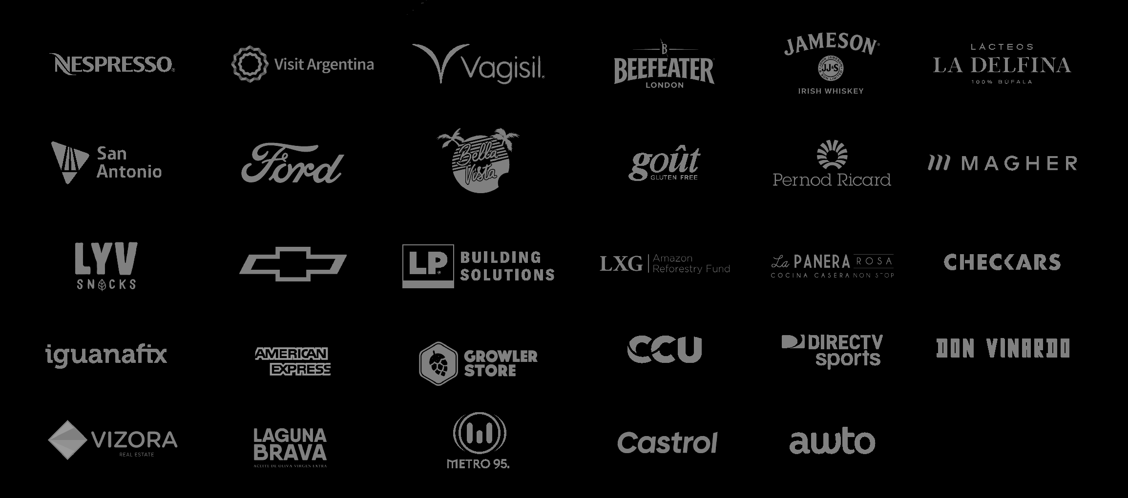 Logos of brands including Nespresso, Ford, Chevrolet, American Express, Jameson, Beefeater, Pernod Ricard, CCU, DirecTV Sports and Castrol