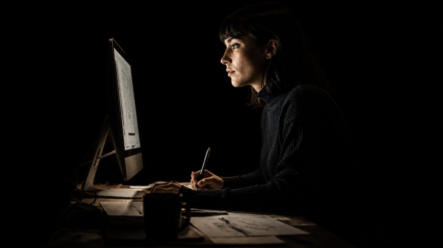 A designer working at a desktop screen in a dark studio