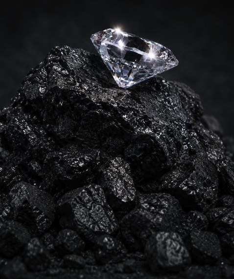 A diamond resting on a pile of coal