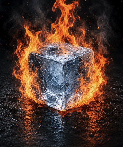 A block of ice engulfed in flames