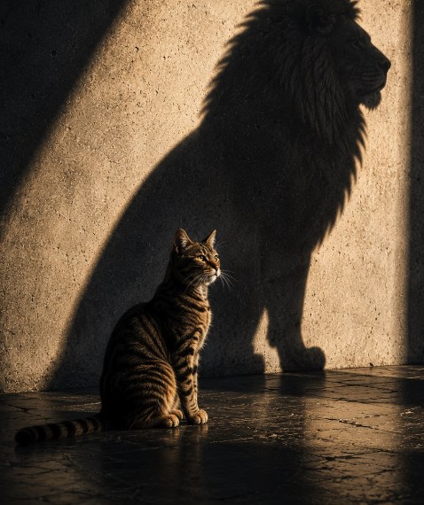 A cat sitting in front of a lion-shaped shadow