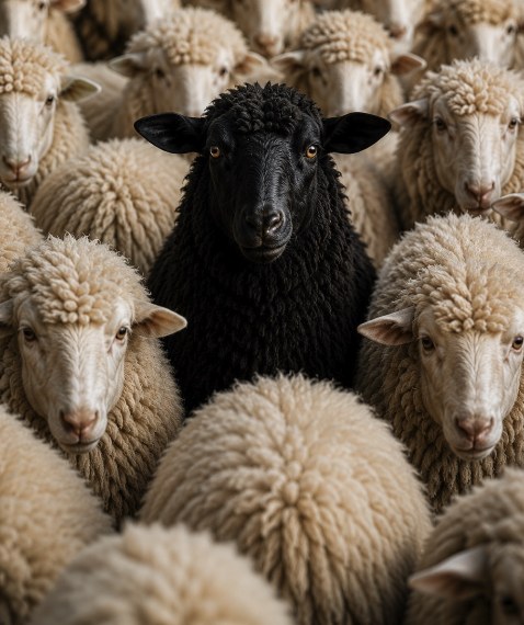 A black sheep surrounded by white sheep