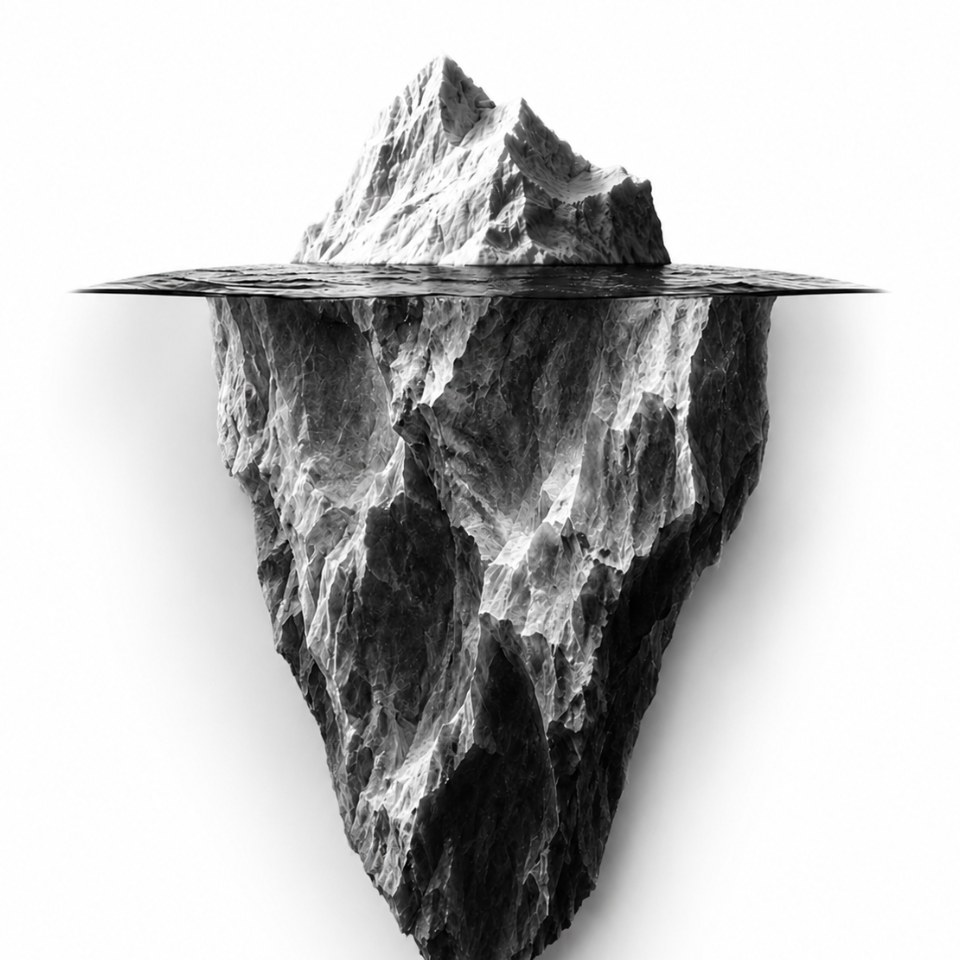 An iceberg showing its hidden mass below the waterline