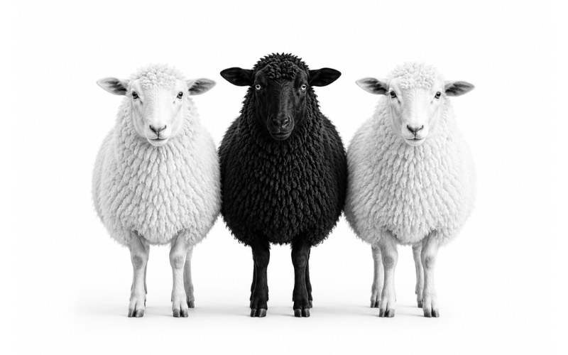 Two white sheep flanking a black sheep