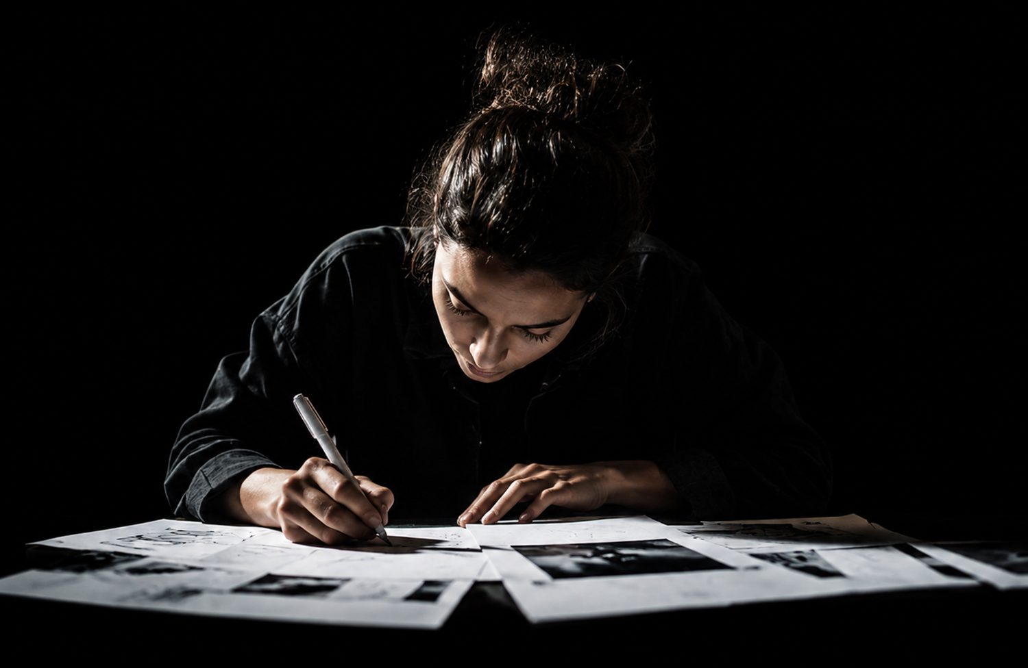 A designer sketching ideas under a single lamp